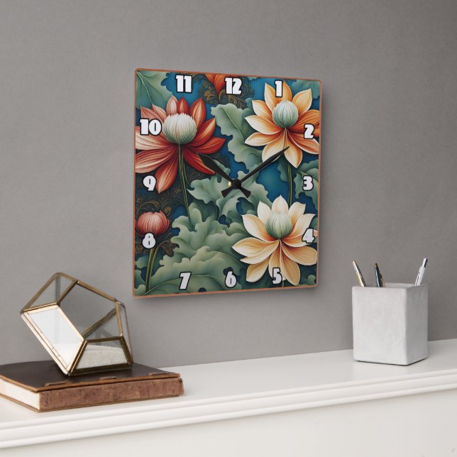 Vibrant Chrysanthemum Design Square Wall Clock (Office)