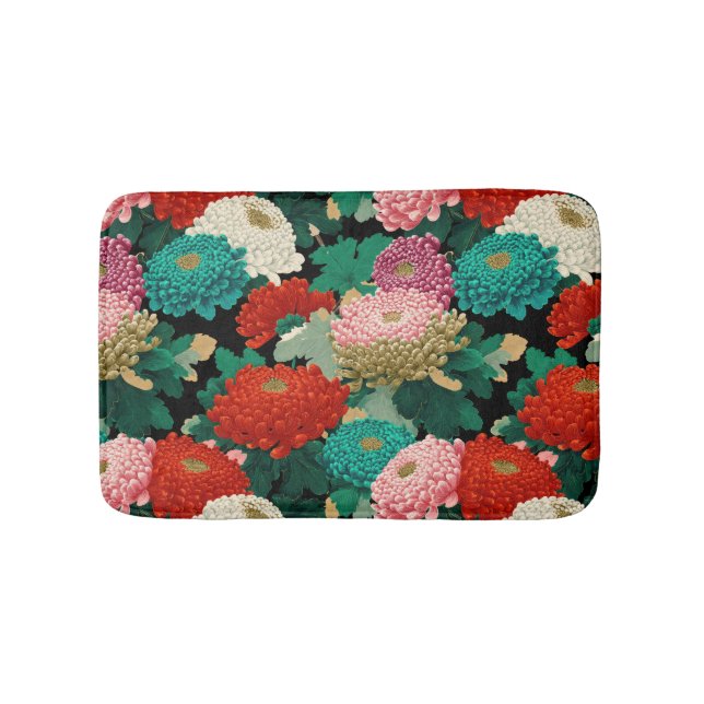 Vibrant Chrysanthemum Flowers Botanical Pattern Bath Mat (Front)