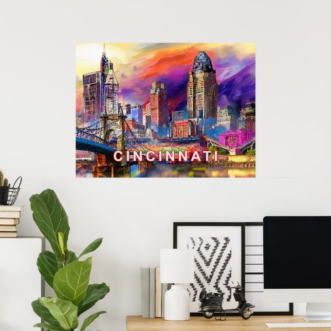 Vibrant Cincinnati Ohio Abstract Skyline Art  Poster (Home Office)