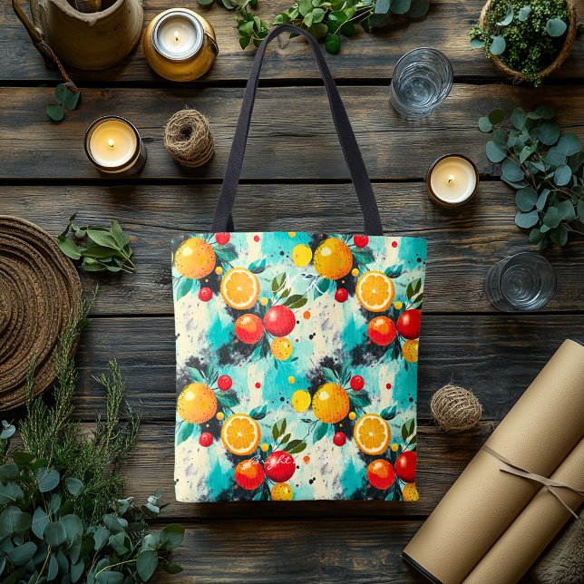 Vibrant Citrus and Apple Themed Tote Bag Initials (Creator Uploaded)
