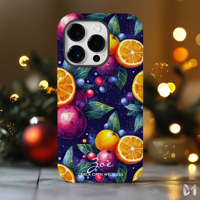 Vibrant Citrus and Berry Fruits Pattern on Navy  iPhone Case (Creator Uploaded)