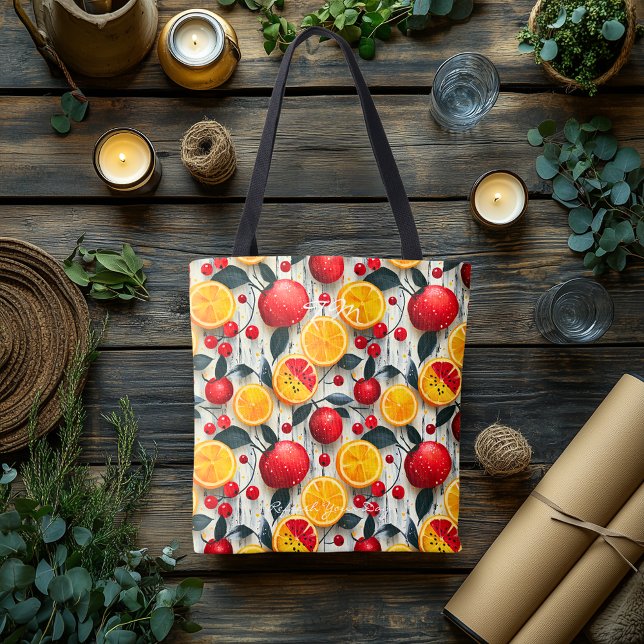 Vibrant Citrus and Cherry Fruit Pattern & Initials Tote Bag (Creator Uploaded)