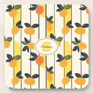 Vibrant Citrus Fruit Pattern with Green Leaves (2) Coaster