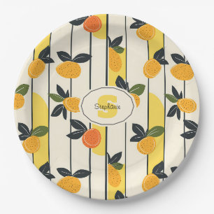 Vibrant Citrus Fruit Pattern with Green Leaves (2) Paper Plate