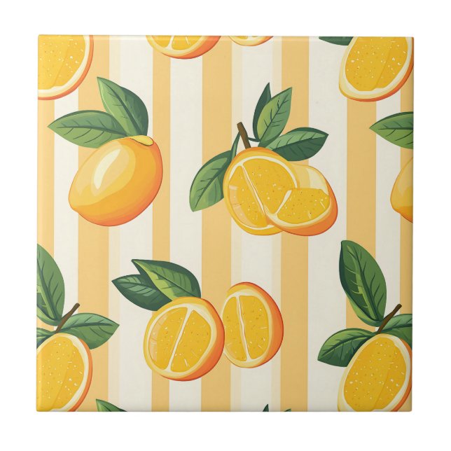 Vibrant Citrus Fruit Pattern with Green Leaves (3) Tile (Front)