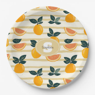 Vibrant Citrus Fruit Pattern with Green Leaves (4) Paper Plate