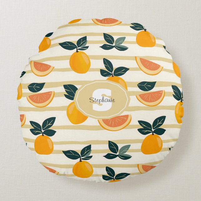 Vibrant Citrus Fruit Pattern with Green Leaves (4) Round Cushion (Front)