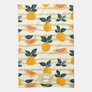 Vibrant Citrus Fruit Pattern with Green Leaves (4) Tea Towel