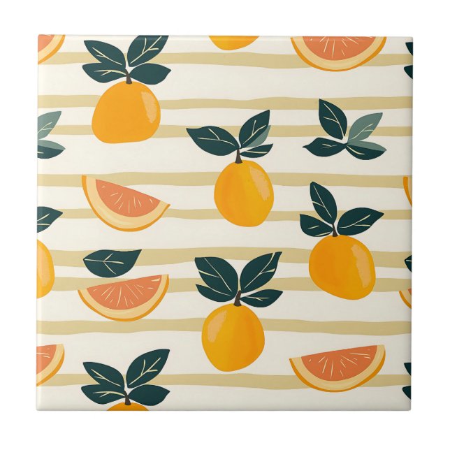 Vibrant Citrus Fruit Pattern with Green Leaves (4) Tile (Front)