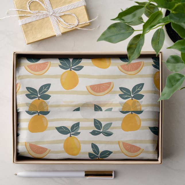 Vibrant Citrus Fruit Pattern with Green Leaves (4) Tissue Paper (Gift)