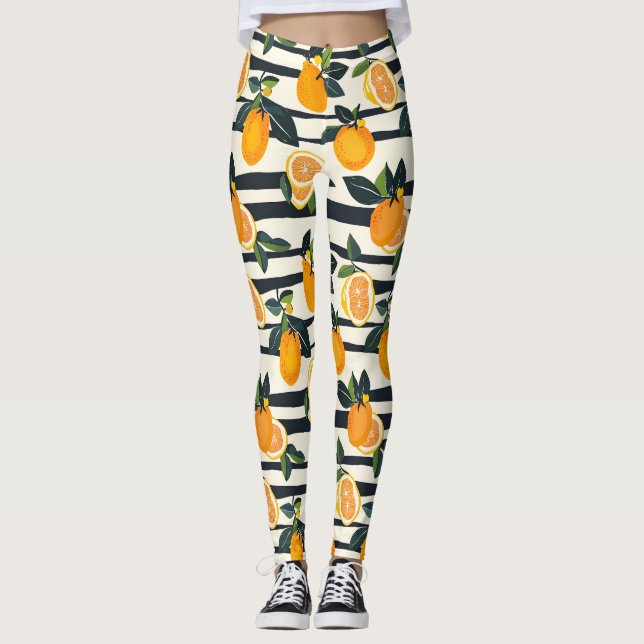 Vibrant Citrus Fruit Pattern with Green Leaves (5) Leggings (Front)