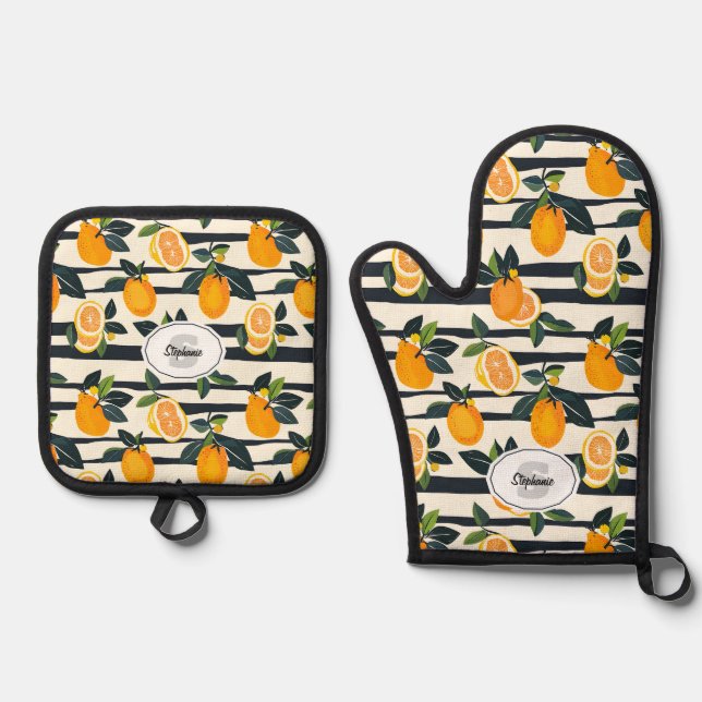 Vibrant Citrus Fruit Pattern with Green Leaves (5) Oven Mitt & Pot Holder Set (Front)