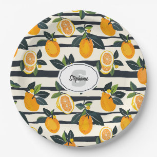 Vibrant Citrus Fruit Pattern with Green Leaves (5) Paper Plate