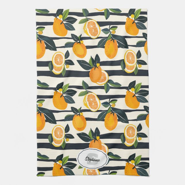 Vibrant Citrus Fruit Pattern with Green Leaves (5) Tea Towel (Vertical)