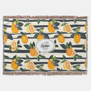 Vibrant Citrus Fruit Pattern with Green Leaves (5) Throw Blanket