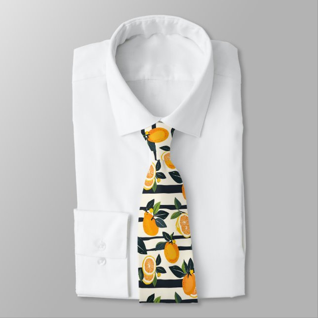 Vibrant Citrus Fruit Pattern with Green Leaves (5) Tie (Tied)