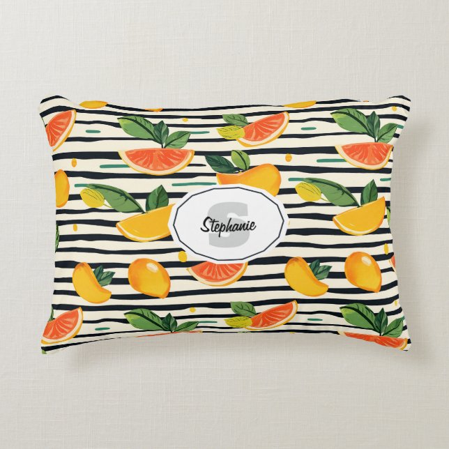 Vibrant Citrus Fruit Pattern with Green Leaves (6) Decorative Cushion (Front)
