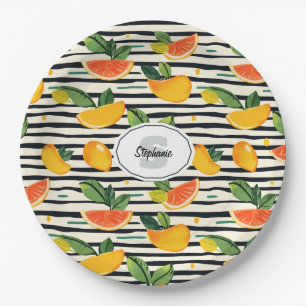 Vibrant Citrus Fruit Pattern with Green Leaves (6) Paper Plate