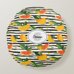 Vibrant Citrus Fruit Pattern with Green Leaves (6) Round Cushion