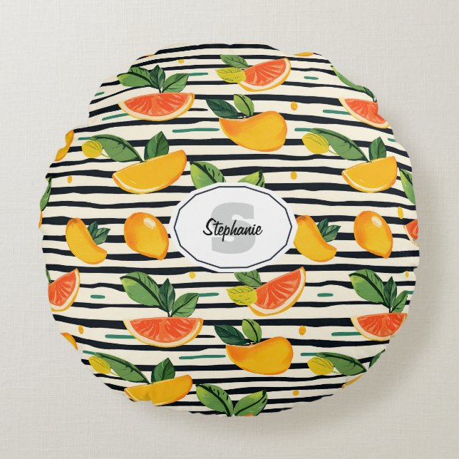 Vibrant Citrus Fruit Pattern with Green Leaves (6) Round Cushion (Front)
