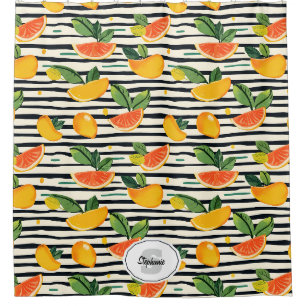 Vibrant Citrus Fruit Pattern with Green Leaves (6) Shower Curtain