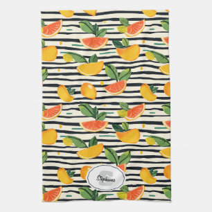 Vibrant Citrus Fruit Pattern with Green Leaves (6) Tea Towel