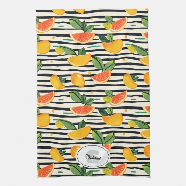 Vibrant Citrus Fruit Pattern with Green Leaves (6) Tea Towel (Vertical)