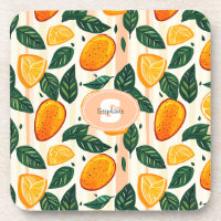 Vibrant Citrus Fruit Pattern with Green Leaves