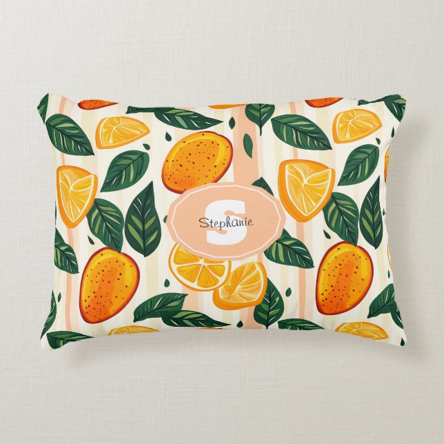 Vibrant Citrus Fruit Pattern with Green Leaves Decorative Cushion (Front)