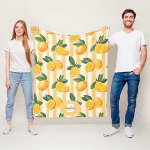 Vibrant Citrus Fruit Pattern with Green Leaves () Fleece Blanket