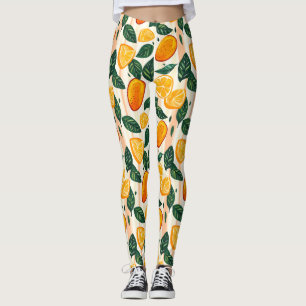 Vibrant Citrus Fruit Pattern with Green Leaves Leggings
