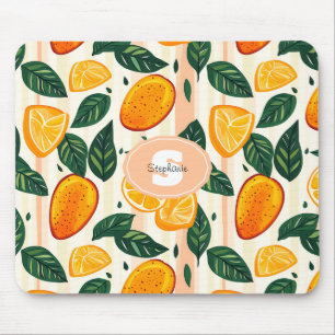 Vibrant Citrus Fruit Pattern with Green Leaves Mouse Mat