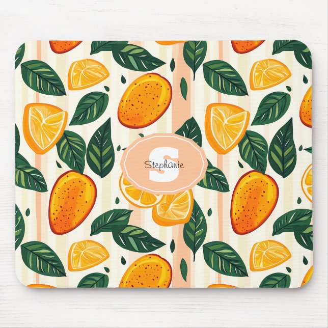 Vibrant Citrus Fruit Pattern with Green Leaves Mouse Mat (Front)