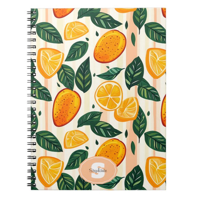 Vibrant Citrus Fruit Pattern with Green Leaves Notebook (Front)