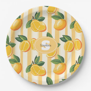 Vibrant Citrus Fruit Pattern with Green Leaves () Paper Plate