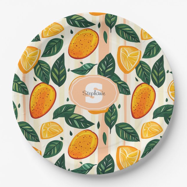 Vibrant Citrus Fruit Pattern with Green Leaves Paper Plate (Front)