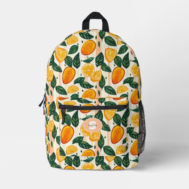 Vibrant Citrus Fruit Pattern with Green Leaves Printed Backpack (Front)