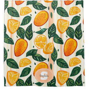 Vibrant Citrus Fruit Pattern with Green Leaves Shower Curtain