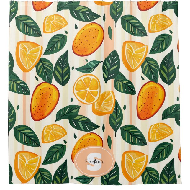 Vibrant Citrus Fruit Pattern with Green Leaves Shower Curtain (Front)