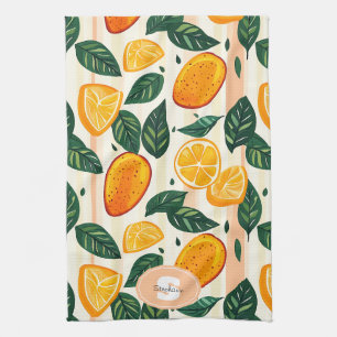 Vibrant Citrus Fruit Pattern with Green Leaves Tea Towel