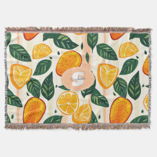 Vibrant Citrus Fruit Pattern with Green Leaves Throw Blanket