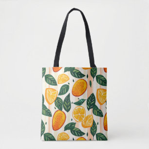 Vibrant Citrus Fruit Pattern with Green Leaves Tote Bag