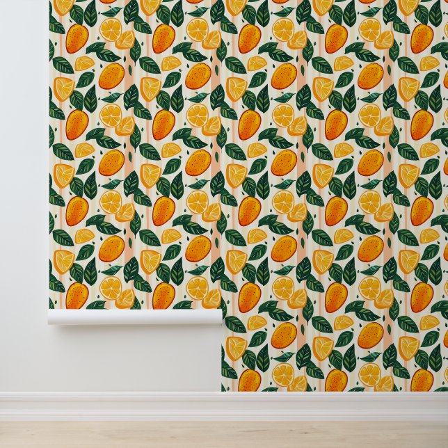 Vibrant Citrus Fruit Pattern with Green Leaves Wallpaper (Application)