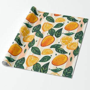 Vibrant Citrus Fruit Pattern with Green Leaves Wrapping Paper