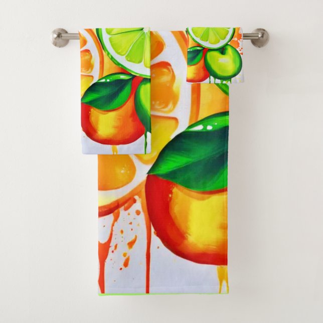 Vibrant Citrus Fruit Splash Art Bath Towel Set (Insitu)