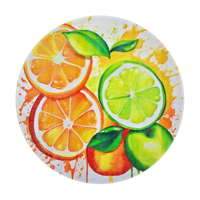Vibrant Citrus Fruit Splash Art Cutting Board (Front)