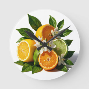 Vibrant Citrus Fruits Blossoms Realistic Round Clock