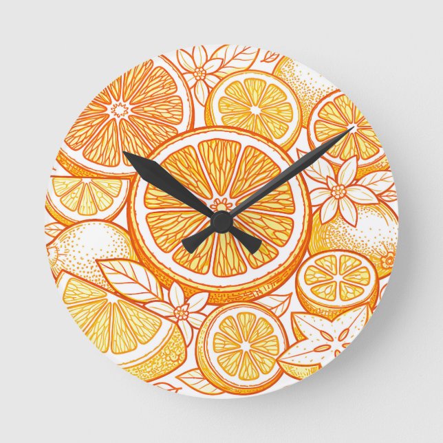 Vibrant Citrus Orange Slice Pattern Round Clock (Front)