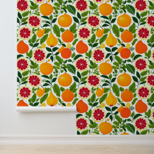 Vibrant Citrus, Pears, and Leaves Pattern Wallpaper