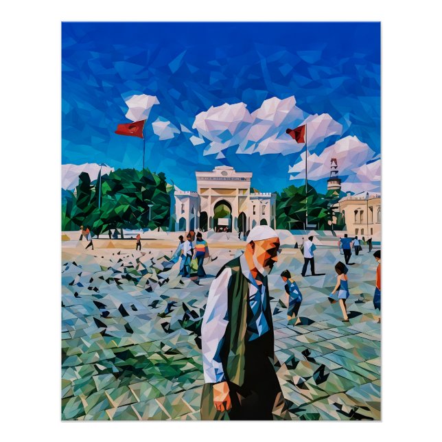 Vibrant City Square with People and Flags Poster (Front)